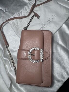 Jimmy Choo Dusty Pink Leather Crossbody Bag with Crystal Buckle